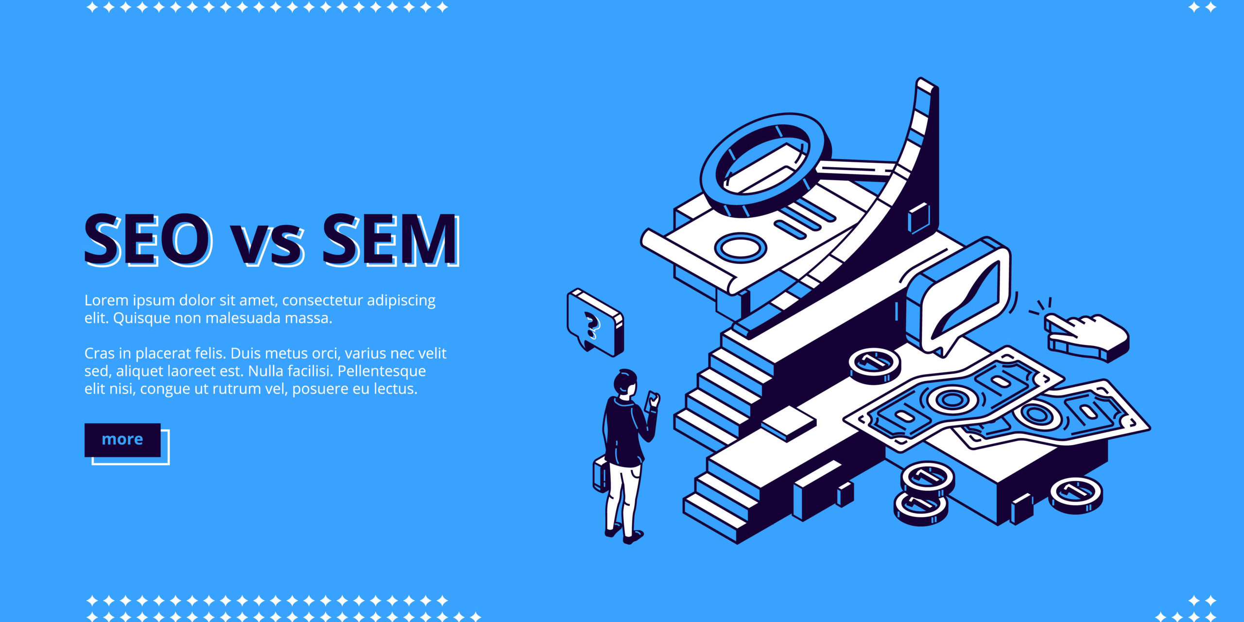 Seo vs Sem isometric landing, digital marketing