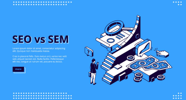 Seo vs Sem isometric landing, digital marketing